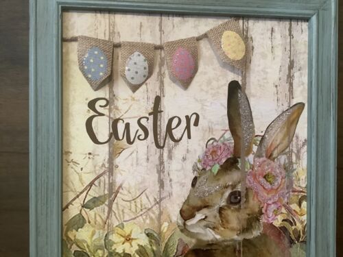 EASTER DECOR SIGN NEW BEAUTIFUL BUNNY SCENE LARGE 16 X 12" WOOD FRAME - Picture 2 of 6