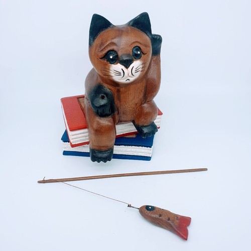 Vintage Gift Fishing Cat Hand Carved Wooden Statue Figurine Wood Home Decor New - Picture 9 of 12