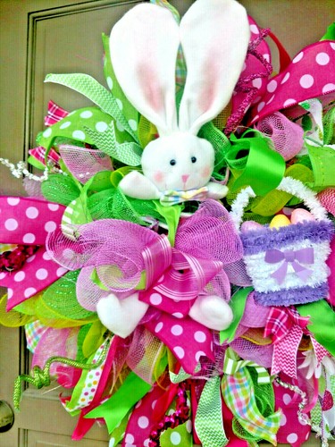 Spring Easter Bunny Wreath Large 24" Handmade Pink Green Deco Home Decor - Picture 2 of 11