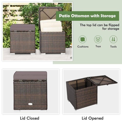 Gymax Outdoor Ottoman 16" 2-Pcs Hand-Woven PE Wicker w/ Removable Grey Cushion - Picture 4 of 8