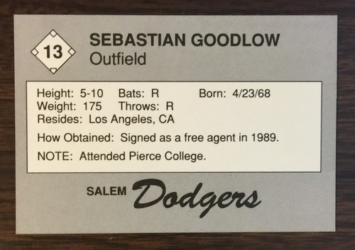1989 Salem Dodgers #13 SEBASTIAN GOODLOW (RC) Minor League Card H8105101 - Picture 2 of 10