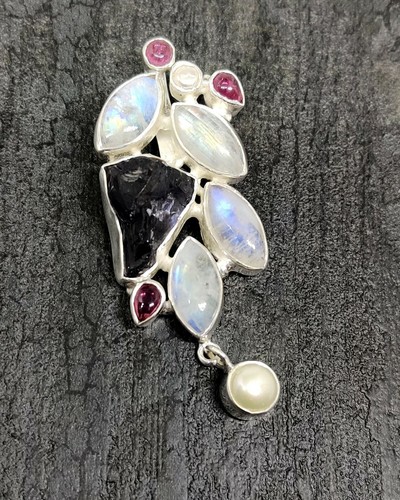 925 Sterling Silver Natural Moonstone,Tourmaline,Garnet Handmade Pendant 2.2" - Picture 7 of 11