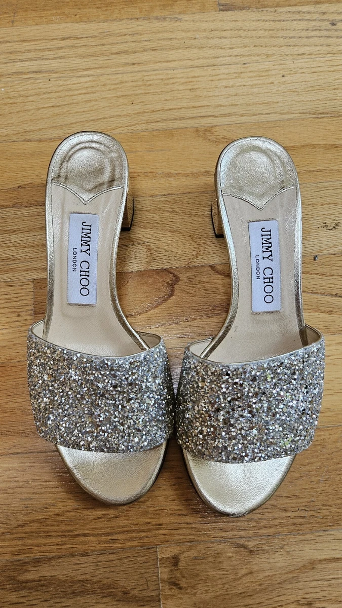 Size 36 Jimmy Choo Joni 45 Slides Sandals Glitter Champagne Light Gold Preloved