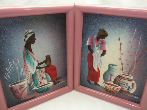 Vtg African Jamaican Black Lady Woman With Pottery Pot Vase (2) Two Paintings