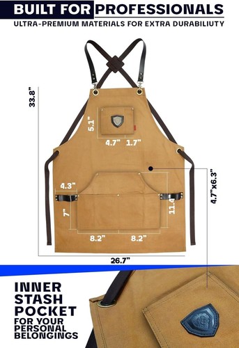 Adjustable Waxed Canvas Kitchen Apron with Genuine Leather Harness and Pockets - Picture 8 of 11