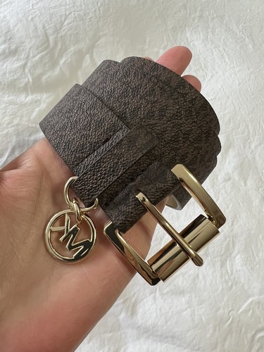 MICHAEL KORS BELT CHOCOLATE MK LOGO WITH MK CHARM GOLD BUCKLE SZ Medium - Picture 10 of 10