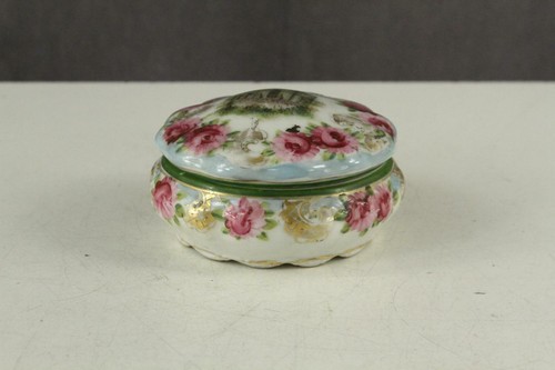 Caja redonda en polvo para casa de campo de porcelana pintada a mano rosa rosa rosa de colección - Imagen 2 de 4