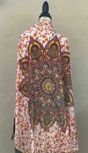 Sarong Wrap Beach Cover Up Floral Design Yellow & Red Tasseled Edge New w/o Tag - Picture 14 of 24