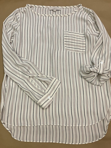 Ann Taylor Loft Sheer Blouse Red Blue Striped medium business casual lightweight - Picture 2 of 9