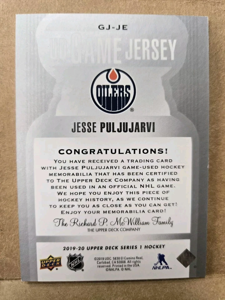 2019-20 Upper Deck Game Jersey Jesse Puljujarvi #GJ-JE Edmonton Oilers - Image 2 of 3