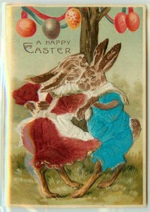 Dressed-Bunny-Rabbits-in-Felt-Outfits-Dancing-Novelty-Easter-Postcard-b636