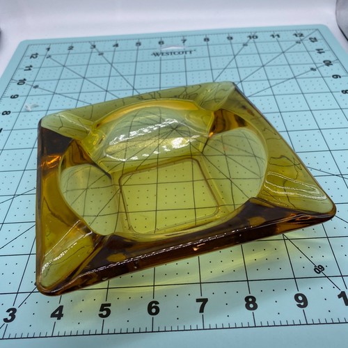 Vintage Mid Century Square Yellow Amber Ashtray Glass Heavy Mid Century 6 inch  - Picture 1 of 7