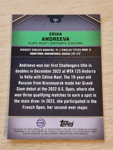 2024 Topps Graphite Tennis - Erika Andreeva 77/199 - Aqua Refractor Rookie - Bild 2 von 2