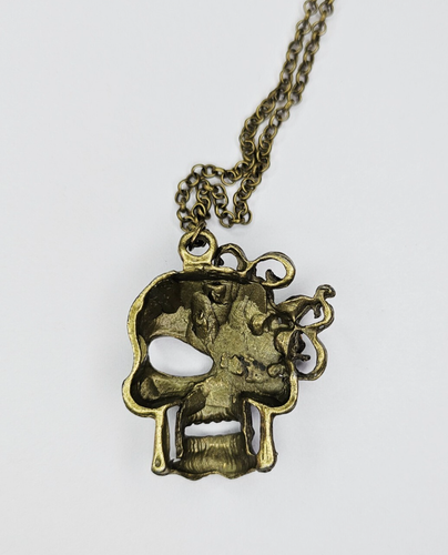 Green Uranium Glass on Bronze Skull Pendant, Glowing UV Punk Necklace, Oddity - Picture 12 of 21