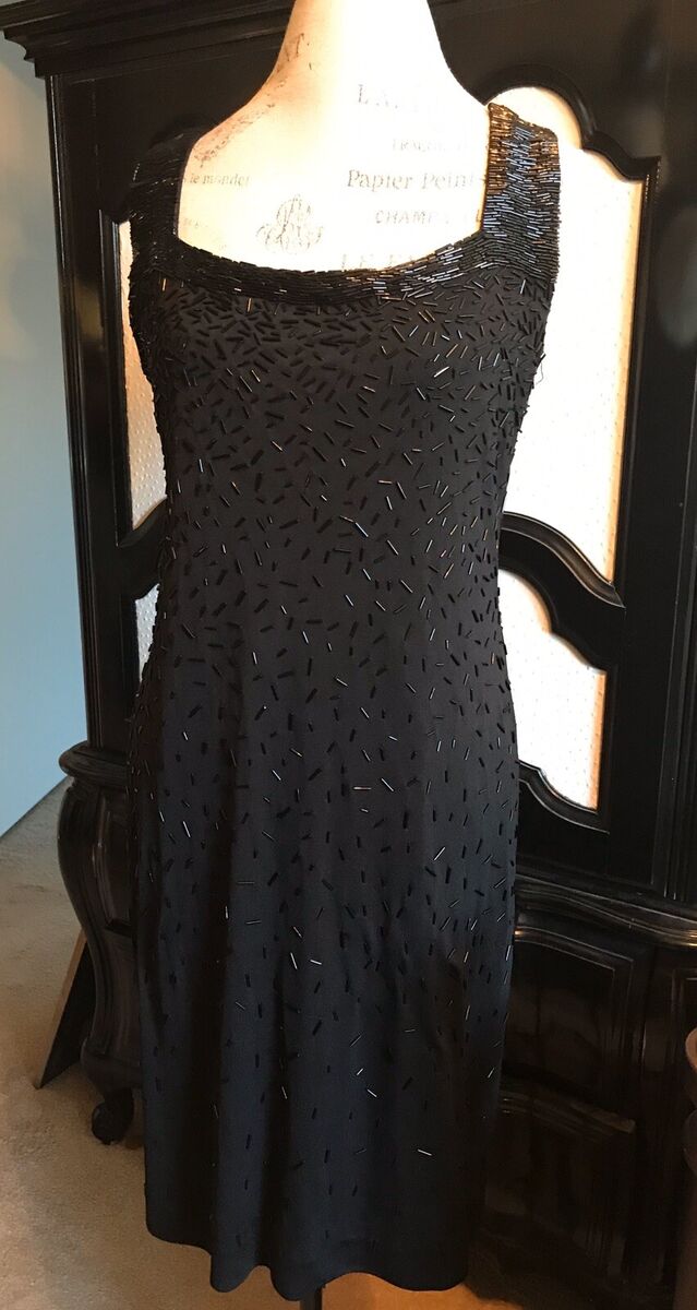 Donna Karan Signature Black Beaded Cocktail Dress Jersey Size 10