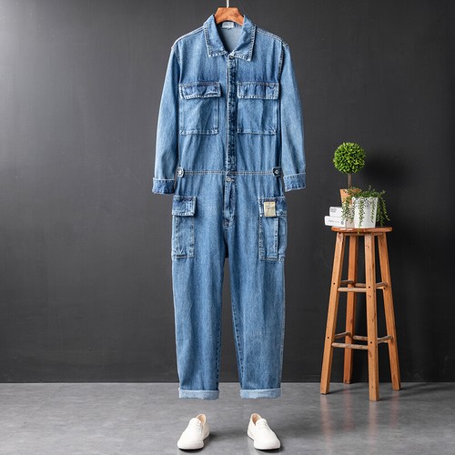 Retro Denim Jumpsuits Workwear Men's Straight Leg Loose Hip-hop One-piece Jeans - Picture 14 of 14