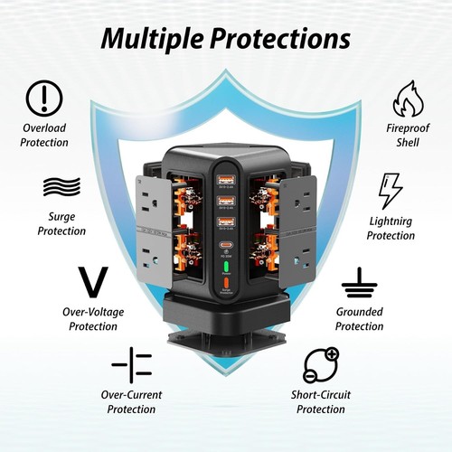 Power Strip Tower Surge Protector 8‑Outlet 3 USB‑A USB‑C Charging Station - NIB - Picture 7 of 9
