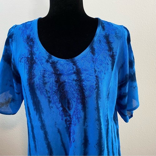 Blue Boho Casual Crewneck Short Sleeve Swing T-Shirt Beach Tie-Dye MidiDress  OS - Afbeelding 8 van 9