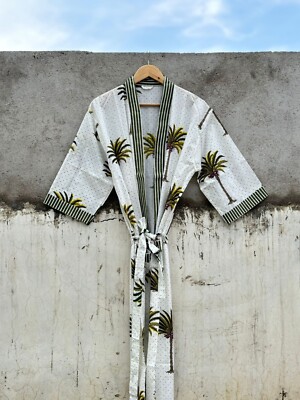 Indian White Floral  Print Cotton Robe Long Kimono Sleepwear Night Suit Kimono