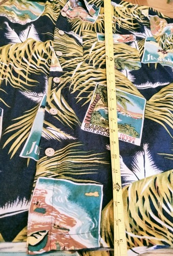 K.A.D. Clothing Co Vtg Mens M Hawaiian Camp Shirt Blue Green pics of postcards - Picture 6 of 7