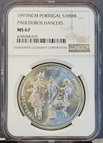 1997 PORTUGAL SILVER 1000 ESCUDOS PAULITEIROS DANCERS NGC MS 67 GEM BU BEAUTY - Picture 1 of 3