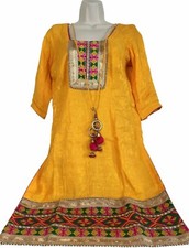 Vintage Dress Womens Small Mexican Indian India Peasant Yellow Embroidered Boho
