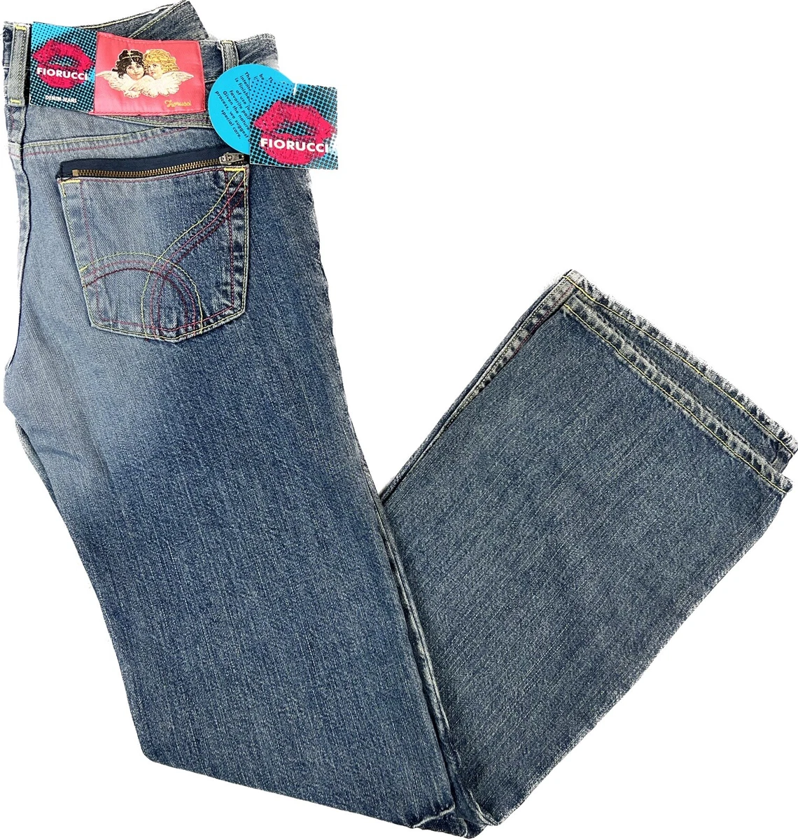 Fiorucci Two Cherub Angels Holly Jeans Zipper Pockets Size 9 New