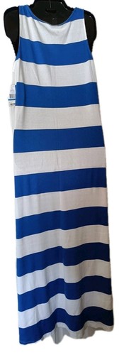Tommy Hilfiger Tank Maxi Dress Sz XL Blue Cream Logo Stripe Nautical Stretch New - Picture 2 of 7