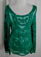 New Simply Couture Womens Pullover Top Green Lace Sheer Cotton Polyester XL