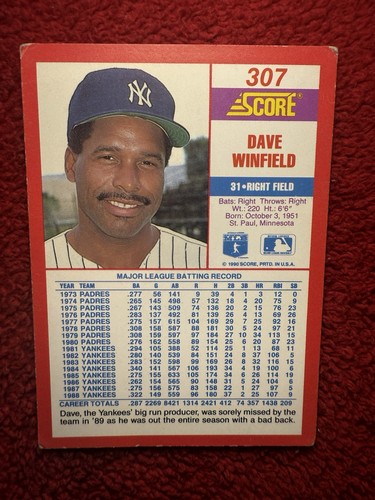 Vintage 1990 Dave Winfield New York Yankees Score MLB Baseball Trading Card 307 - Foto 2 di 12