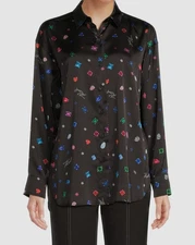 Karl Lagerfeld Women's Black Printed Long-Sleeve Button-Up Shirt Top Size S