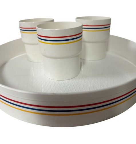 Kayser West Germany Drink Tray & 3 Cups 80s Retro Plastic Nautical Stripe MCM - Foto 2 di 5