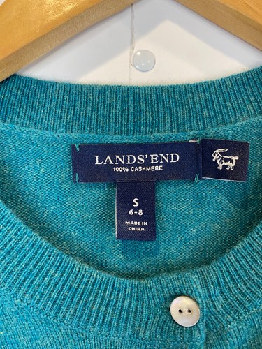 Lands' End Teal Blue Green 100% Cashmere Button Front Cardigan Sweater Small 6-8 - Picture 3 of 5