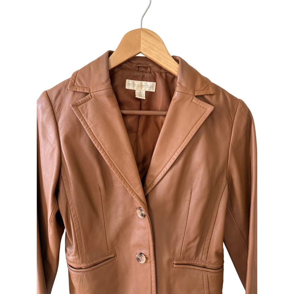 Vintage Petite Sophisticate Genuine Leather Blazer Jacket Carmel Brown S - Image 2 of 4