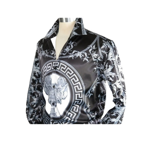 Men Satin Silky Shirt Oscar Banks Turkey Singer Stage Performer 6432 Black Lions - Picture 5 of 6