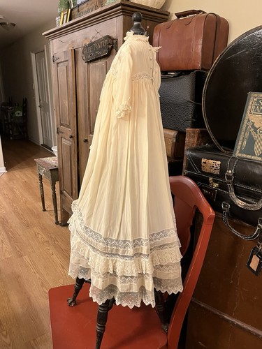 2130🌟Vintage Antique Handmade Ivory Silk & Handmade Lace Christening Gown 33” - Picture 12 of 24