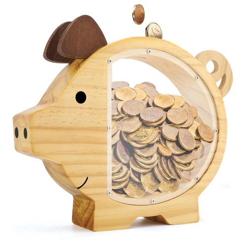 Wooden Piggy Bank, Cute Money Bank for Boys Girls Wood Token Bank Clear Creat...