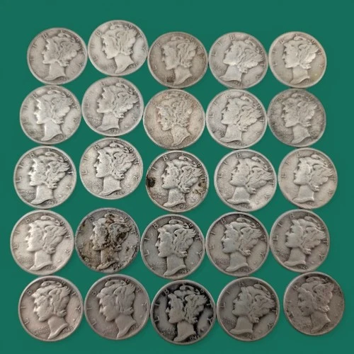 Lot 25pc all 1945 Mercury Head Dimes 90% Silver Circulated 900 proof 61.2g B1