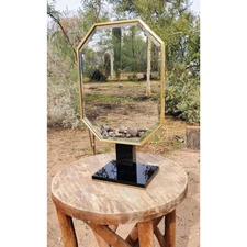 Vintage Designer Black Lacquered Octagon Freestanding Swivel Gold Trim Mirror