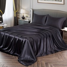Vonty Satin Sheets Queen Size Silky Soft Satin Bed Sheets Black Sheet Set, 1 ...
