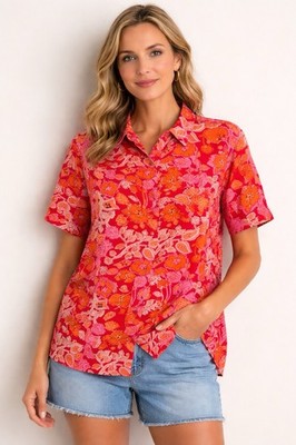 Floral Shirt large Bright Poppy Red - Front button - Ladies L