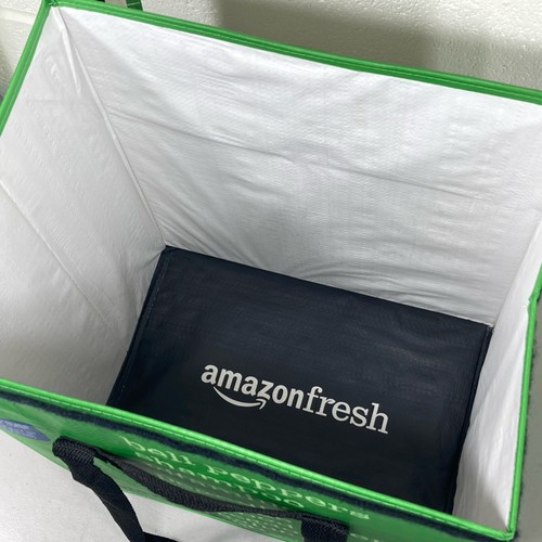 Amazon Fresh Reusable Foldable Hard Wall Green Box Tote Bag Groceries Uber Eats - Picture 5 of 7