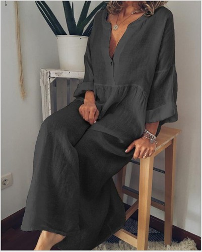 Summer Women's Large Size Cotton Linen Long Sleeve V-Neck Large Swing Dress - Picture 42 of 45