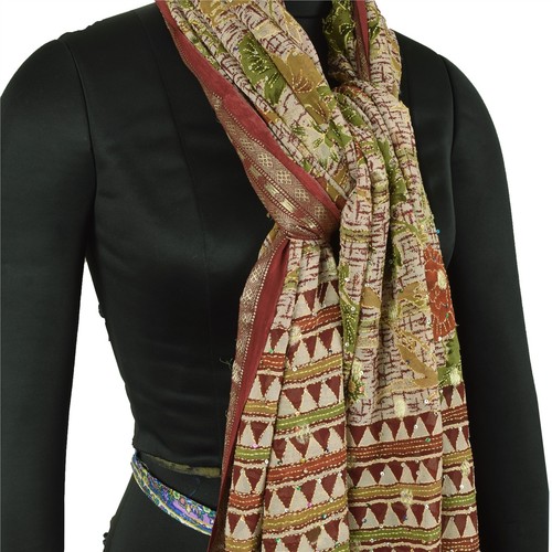 Sanskriti Vintage Dupatta Long Stole Pure Georgette Cream Hand Embroidery Kantha - Picture 7 of 11