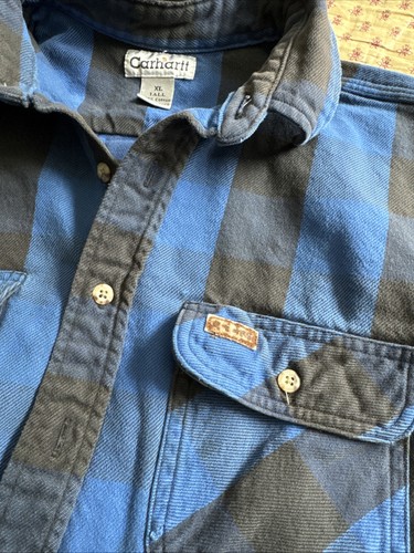 Mens Xl Tall Vintage Carhartt S95 Blue Plaid Flannel Long Sleeve Button Shirt - Picture 9 of 11