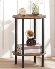 Round Side Table, 2-Tier End Table, Small Round 1 Rustic Brown + Black