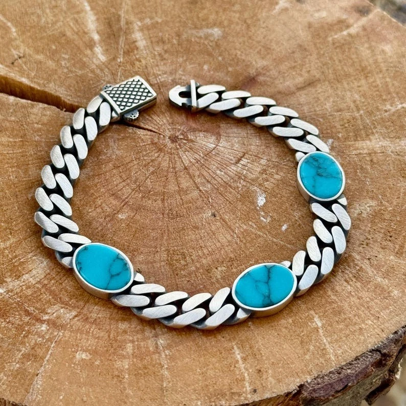 Silver Turquoise Chain Bracelet Turquoise Gem Silver Curb Chain Bracelet - Image 3 of 4