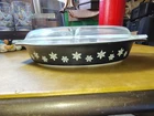 Vintage Pyrex Black & White Snowflake Oval Divided Casserole Dish 1 1/2 qt W/Lid
