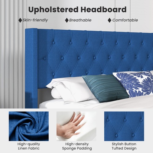 Upholstered Platform Bed with Button Tufted Wingback Headboard Queen Size Blue - Picture 5 of 7