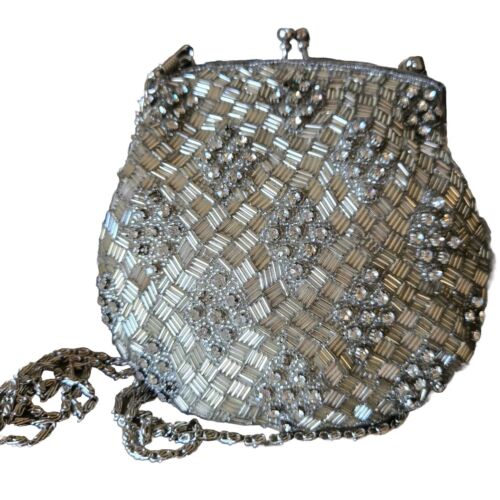 Vintage La Regale Beaded Evening Purse, Silver, Detach. Chain, Party, Wedding